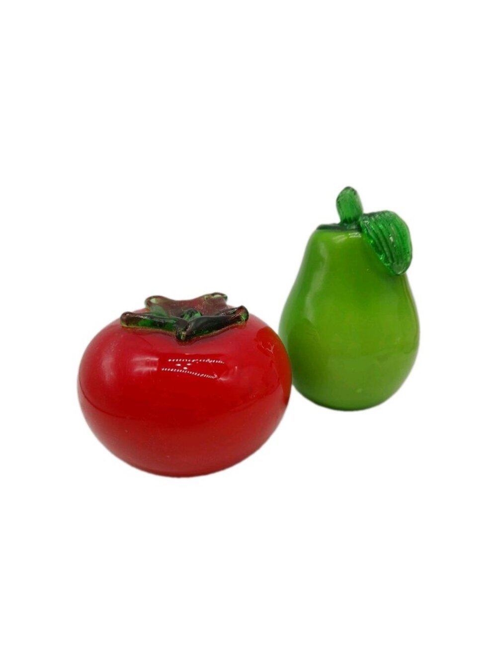 Art Glass Fruit Red Tomato And Green Pear Paperweight Set Of 2